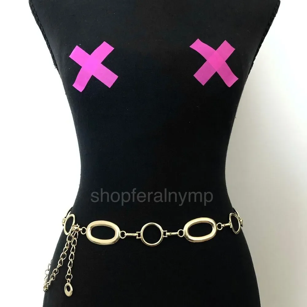 Vintage Y2K Gold-Tone Geometric Link Chain Belt, Fits 28.5–42.5 Inches, X7GA1220